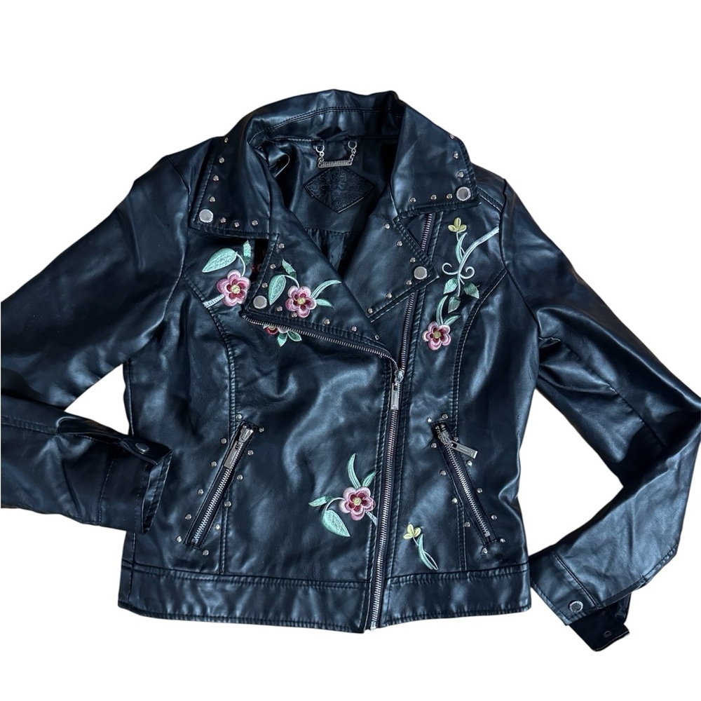 Jou Jou Black Leather Jacket with Floral Embroidery